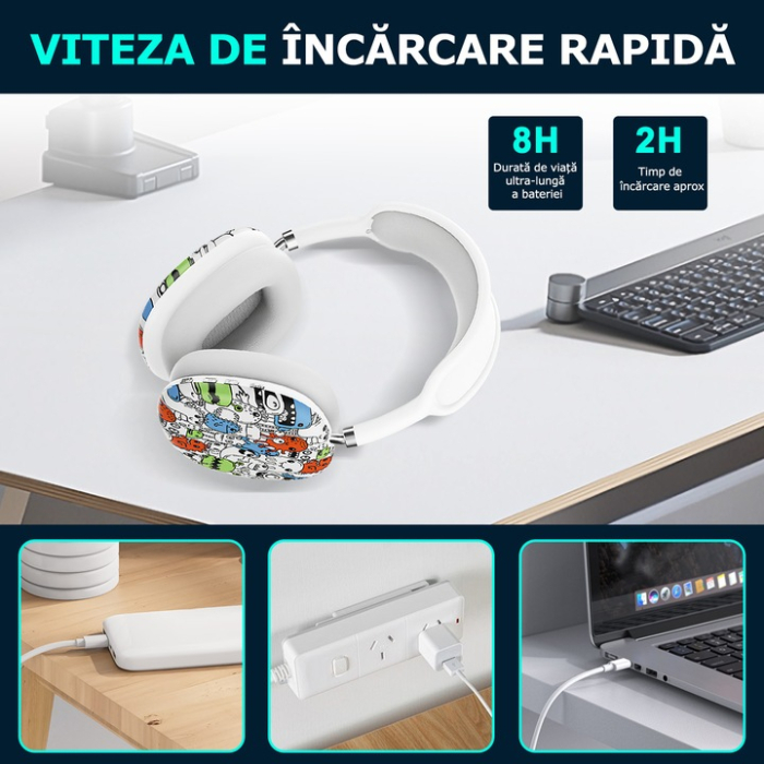 Căști Wireless Bluetooth Tip Bentiță, Sunet Hi-Fi Stereo, Funcție de Anulare a Zgomotului, Microfon Încorporat, Rezistente la Apă, Compatibile cu Android, iOS și PC [8]