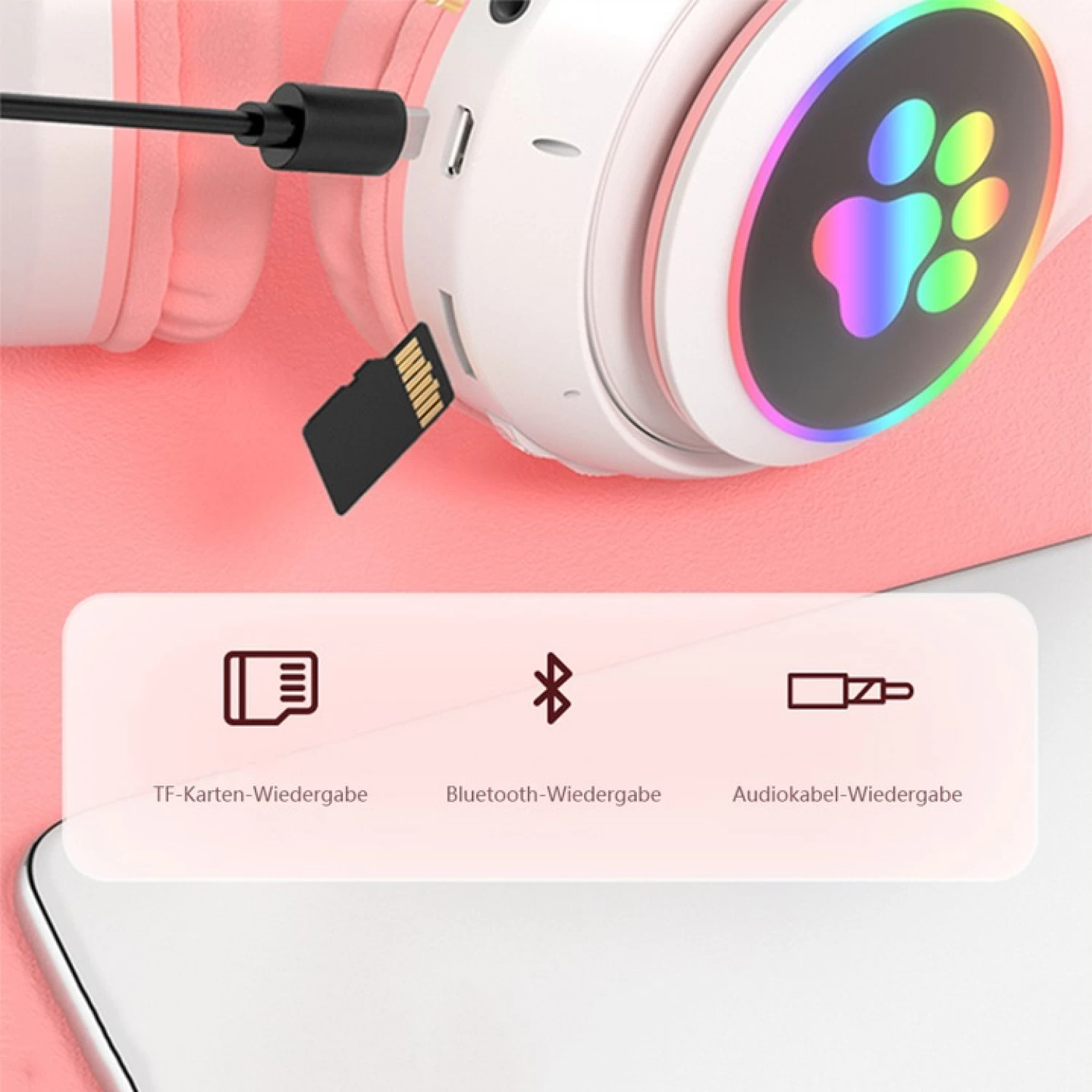 Căști wireless Smart Technology, Bluetooth 5.0, LED Cat Ears, microfon, slot SD/FM, autonomie 10h, pliabile [11]