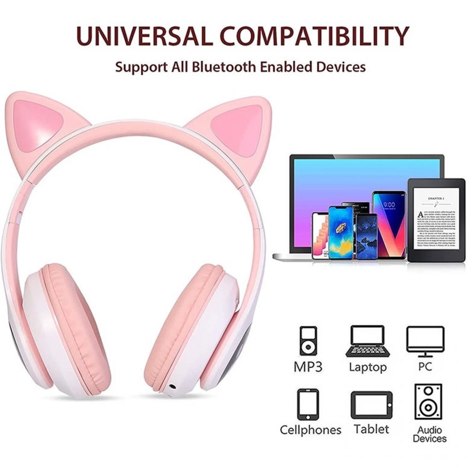 Căști wireless Smart Technology, Bluetooth 5.0, LED Cat Ears, microfon, slot SD/FM, autonomie 10h, pliabile [16]