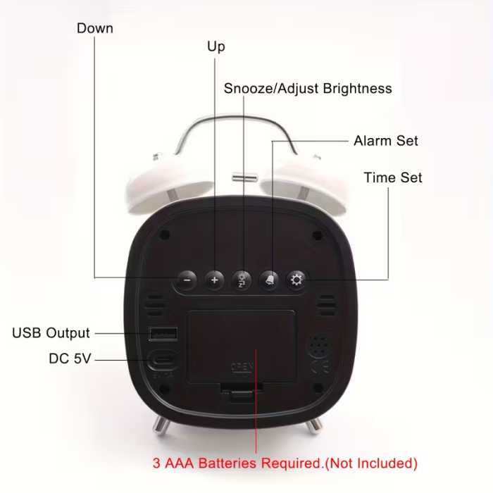 Ceas Deșteptător Digital cu Două Clopote, Afișaj LED, Alarmă Puternică, Afișare Oră, Dată și Temperatură, Funcționare Silențioasă Fără Ticăit, Carcasă ABS cu Elemente Metalice, Dimensiune 4 Inch [4]
