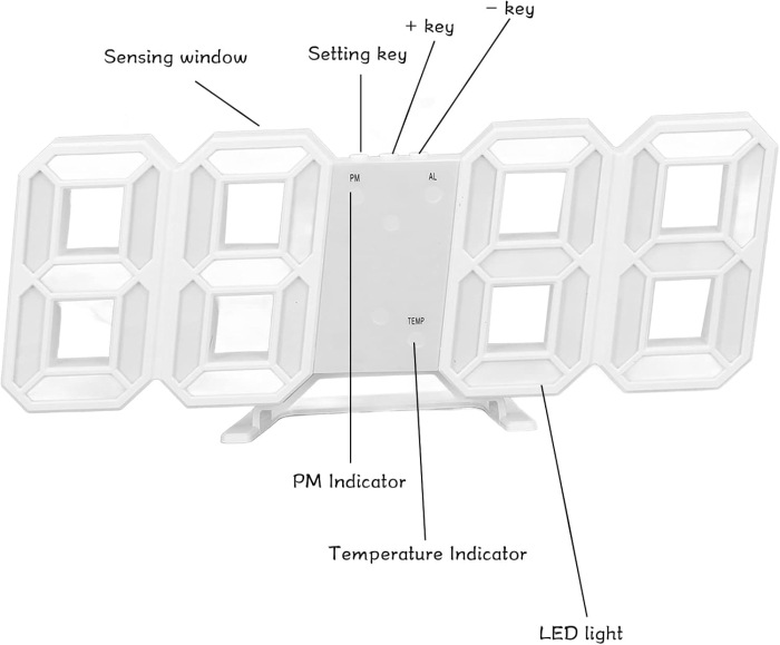 Ceas Digital LED 3D de Masă, Ramă Albă, Ecran LED Mare cu Afișare Oră, Temperatură și Cronometru, Alarmă cu Funcție Snooze, Carcasă ABS, Dimensiuni 23 × 9,3 cm [6]