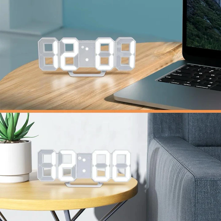 Ceas Digital LED 3D de Masă, Ramă Albă, Ecran LED Mare cu Afișare Oră, Temperatură și Cronometru, Alarmă cu Funcție Snooze, Carcasă ABS, Dimensiuni 23 × 9,3 cm [8]