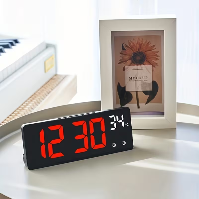 Ceas Digital LED pentru Masă sau Perete, Afișaj LED Roșu, Calendar, Termometru și Cronometru Integrate, Alarmă cu Funcție Snooze, 2 Moduri de Iluminare, Format Oră 12/24H, Dimensiuni 24 × 9 cm [4]