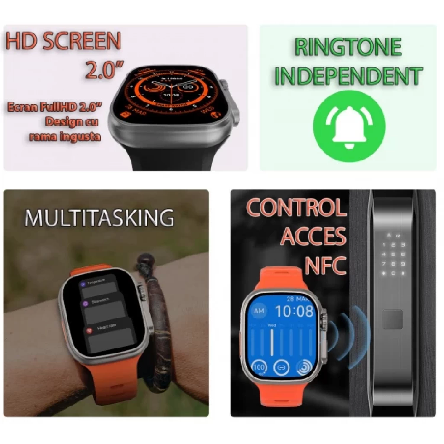 Ceas Inteligent SmartWatch 2.1 inch+ Curea EXTRA, Apel Bluetooth, Incarcator Wireless, metal, Notificari Apel si Retele Sociale, Oximetru, Ritm Cardiac, Termometru, Monitorizare somn, 105 M [8]
