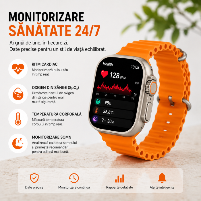 Ceas Inteligent SmartWatch 2.1 inch+ Curea EXTRA, Apel Bluetooth, Incarcator Wireless, metal, Notificari Apel si Retele Sociale, Oximetru, Ritm Cardiac, Termometru, Monitorizare somn, 105 M [2]
