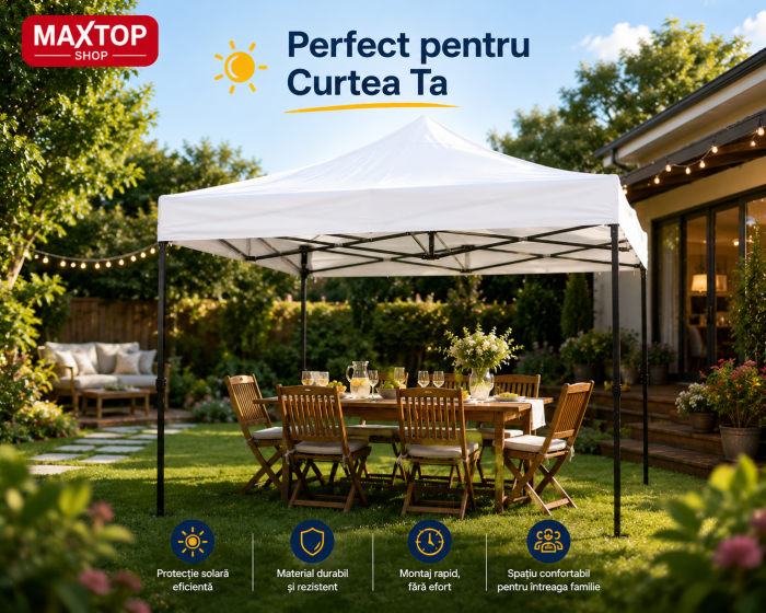 Cort pavilion pliabil,18 kg, 3x3 m, Cadru metal cu panza impermeabila pentru Curte, Gradina, Evenimente, Alb [4]