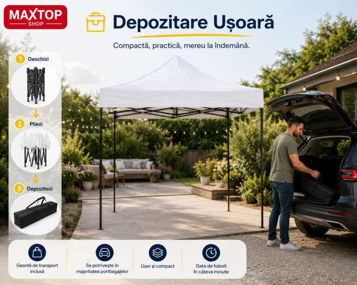 Cort pavilion pliabil,18 kg, 3x3 m, Cadru metal cu panza impermeabila pentru Curte, Gradina, Evenimente, Alb [6]