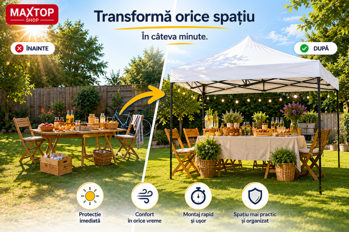 Cort pavilion pliabil,18 kg, 3x3 m, Cadru metal cu panza impermeabila pentru Curte, Gradina, Evenimente, Alb [8]
