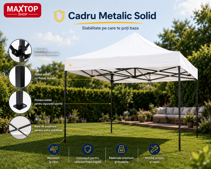 Cort pavilion pliabil,18 kg, 3x3 m, Cadru metal cu panza impermeabila pentru Curte, Gradina, Evenimente, Alb [5]