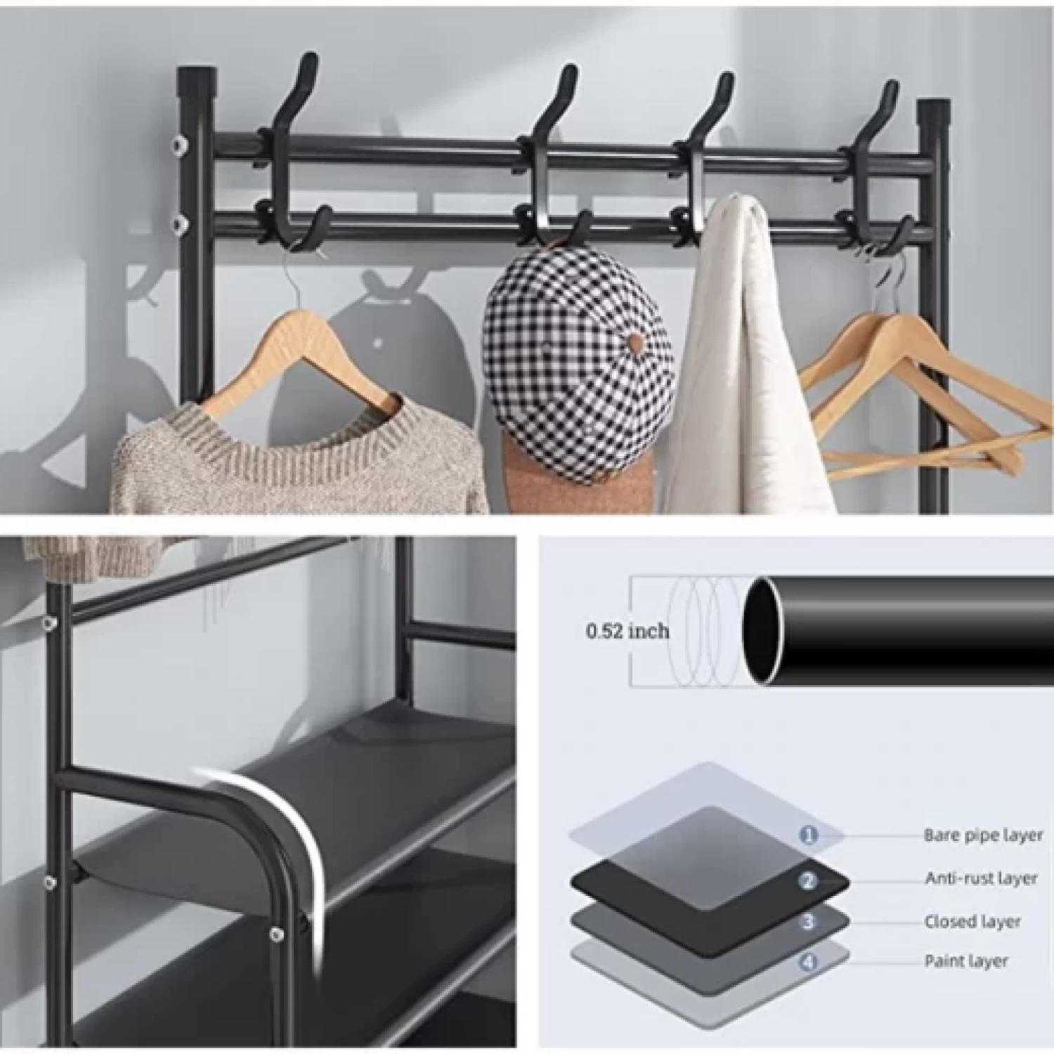 Cuier Metalic cu 5 Rafturi și 8 Cârlige, Organizator Multifuncțional pentru Haine, Pantofi și Genți, Design Modern, 168 cm, negru [6]