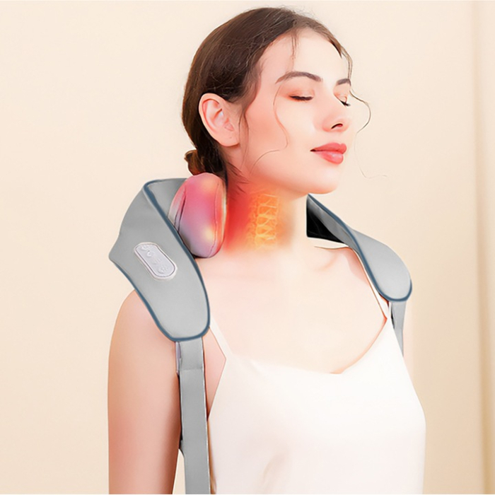 Dispozitiv masaj umeri și gât 26W, 6 capete cu funcție încălzire, 3 moduri de masaj, autonomie 180 min, încărcare USB-C, gri [6]