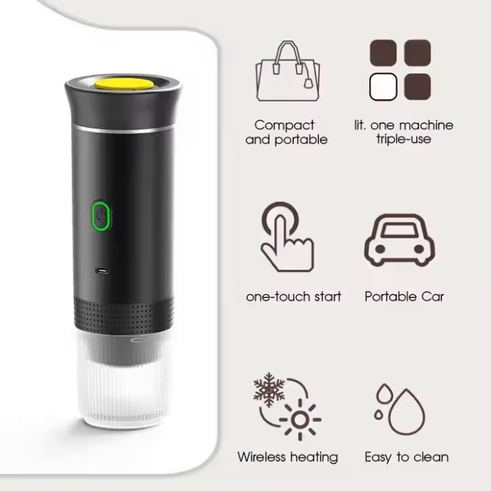Espressor Portabil 60 ml, 72W, 12V, cu Mod Încălzire Apă, Compatibil Capsule Nespresso, Dolce Gusto, Cafea Măcinată și Ciocolată Caldă, Carcasă din Plastic și Inox, Design Compact pentru Călătorii [10]