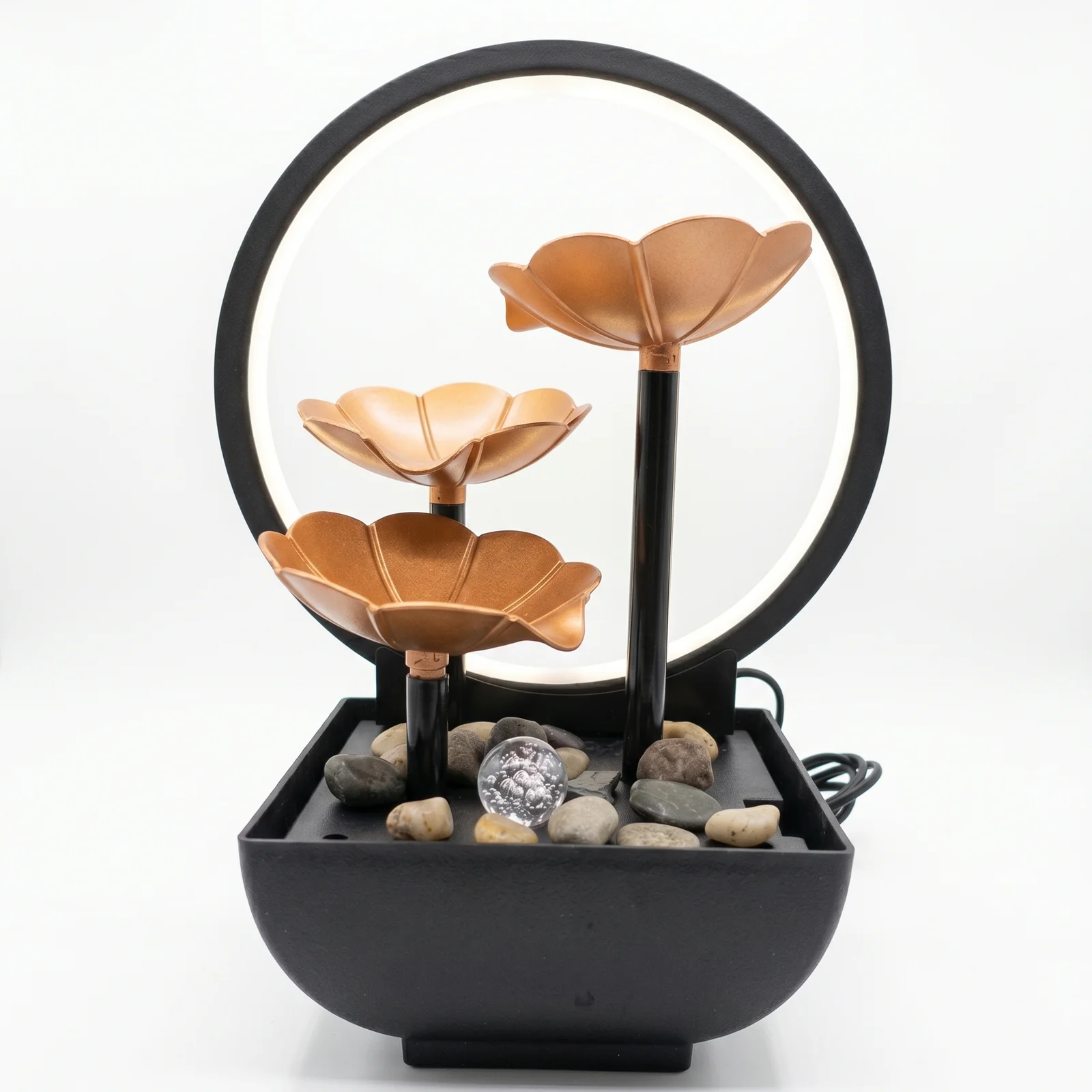 Fântână Decorativă de Masă Zen cu Cascadă Tip Floare de Lotus, Iluminare LED, Sferă Rotativă din Sticlă, Pompă Silențioasă cu Recirculare a Apei, Dimensiuni 27.5 x 20 cm [3]