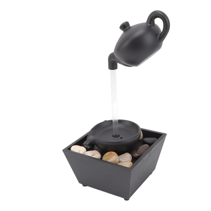 Fântână decorativă interior cu ceainic suspendat, iluminare LED și pietre, alimentare USB/baterie, design compact, efect calmant [3]