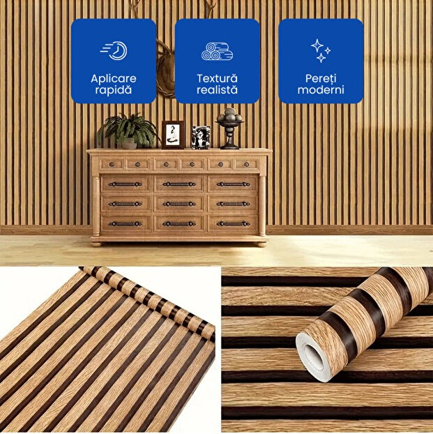 Folie decorativă autoadezivă cu textură de lemn, 300 × 45 cm, recomandată pentru decorarea pereților și mobilierului, rezistentă și ușor de montat, bej [5]