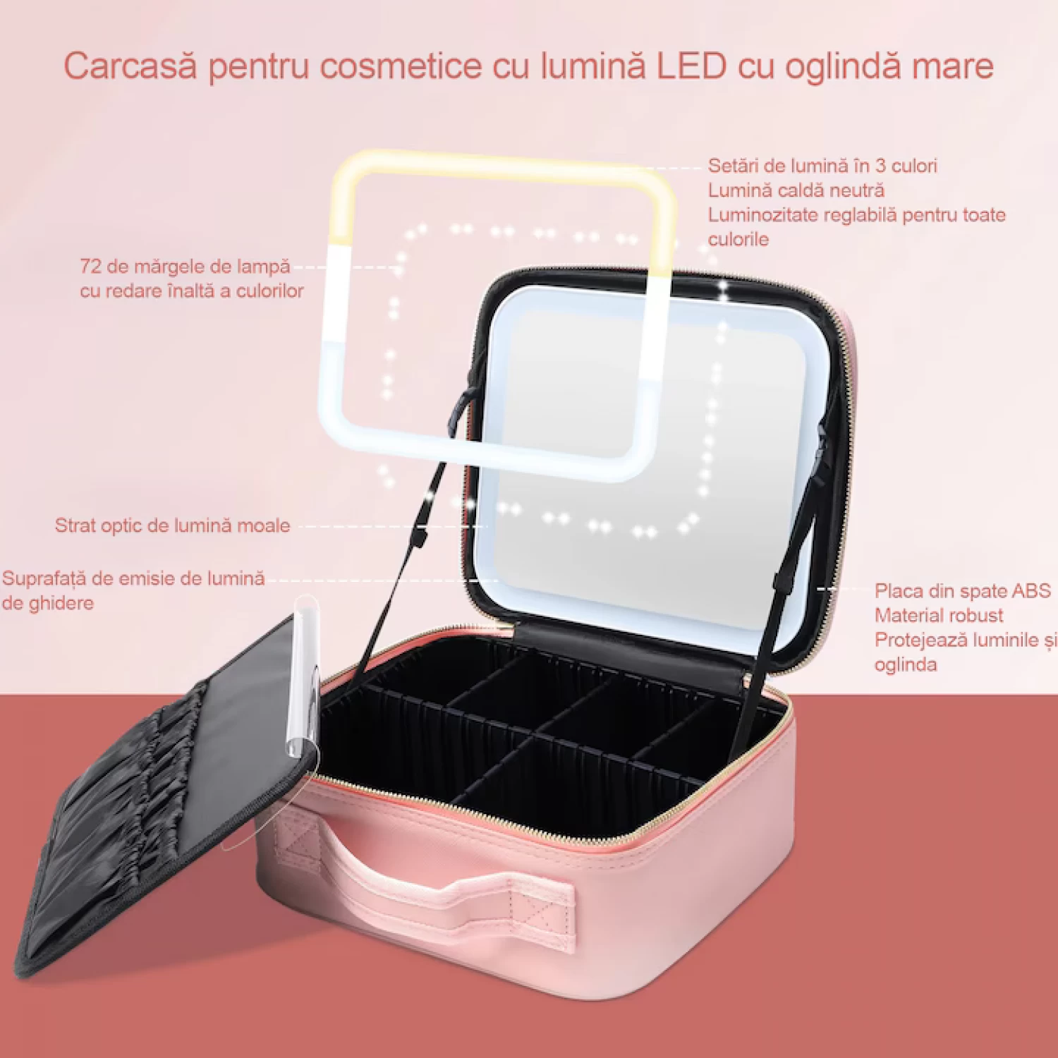 Geanta pentru Cosmetice, Design Elegant, Oglinda Incorporata, Lumina LED in 3 Culori, 4K-72 leduri, Ecran Tactil, Baterie Reincarcabila 2000 mAh, Compartimente Reglabile, Fermoar Anti-Coroziune [5]