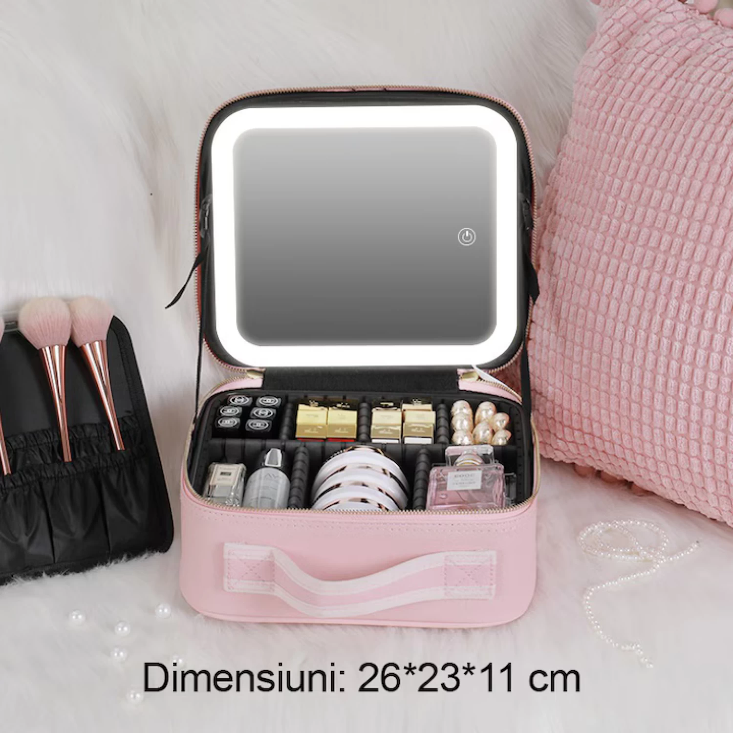 Geanta pentru Cosmetice, Design Elegant, Oglinda Incorporata, Lumina LED in 3 Culori, 4K-72 leduri, Ecran Tactil, Baterie Reincarcabila 2000 mAh, Compartimente Reglabile, Fermoar Anti-Coroziune [3]