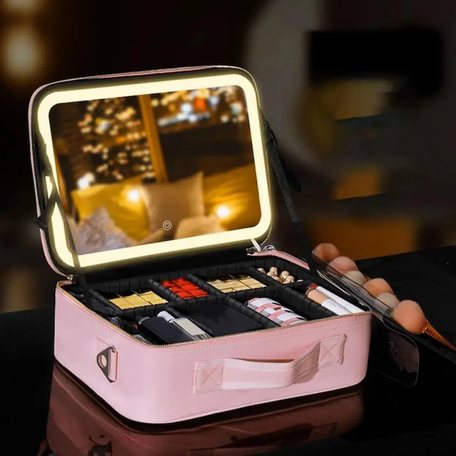 Geanta pentru Cosmetice, Design Elegant, Oglinda Incorporata, Lumina LED in 3 Culori, 4K-72 leduri, Ecran Tactil, Baterie Reincarcabila 2000 mAh, Compartimente Reglabile, Fermoar Anti-Coroziune [6]