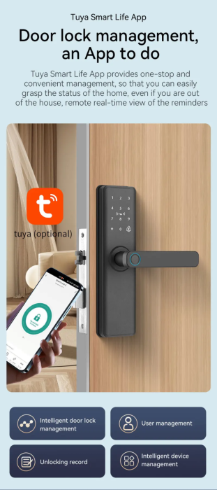 Încuietoare Inteligentă WiFi pentru Ușă, Deblocare prin Amprentă Biometrică, Parolă și Card RFID, Control prin Aplicație cu Stocare Cloud, Compatibilă cu Uși din Lemn, Design Modern și Sigur [3]