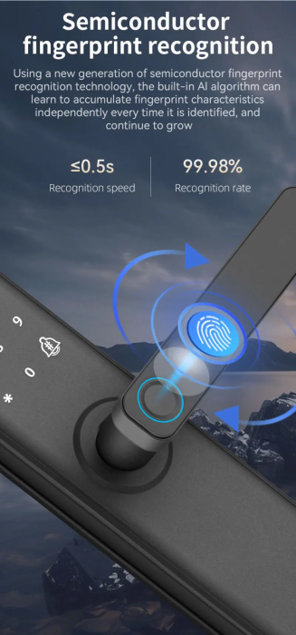 Încuietoare Inteligentă WiFi pentru Ușă, Deblocare prin Amprentă Biometrică, Parolă și Card RFID, Control prin Aplicație cu Stocare Cloud, Compatibilă cu Uși din Lemn, Design Modern și Sigur [2]