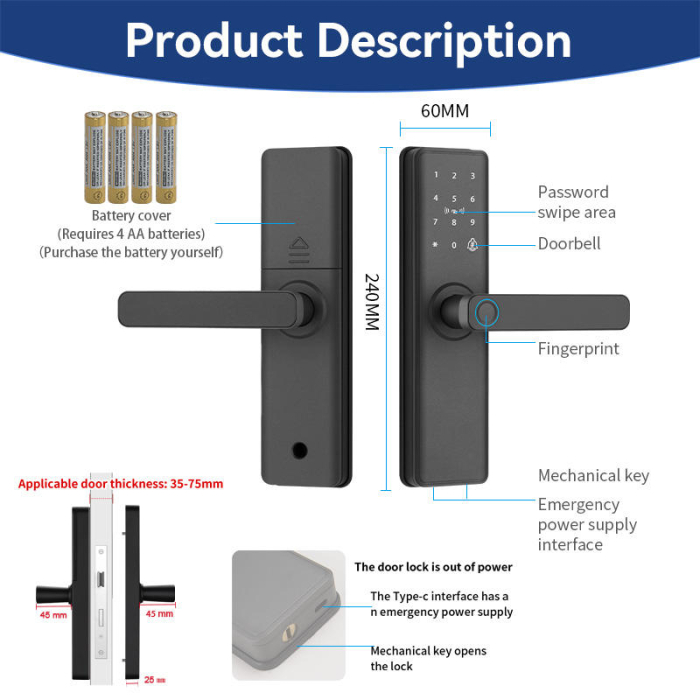 Încuietoare Inteligentă WiFi pentru Ușă, Deblocare prin Amprentă Biometrică, Parolă și Card RFID, Control prin Aplicație cu Stocare Cloud, Compatibilă cu Uși din Lemn, Design Modern și Sigur [8]