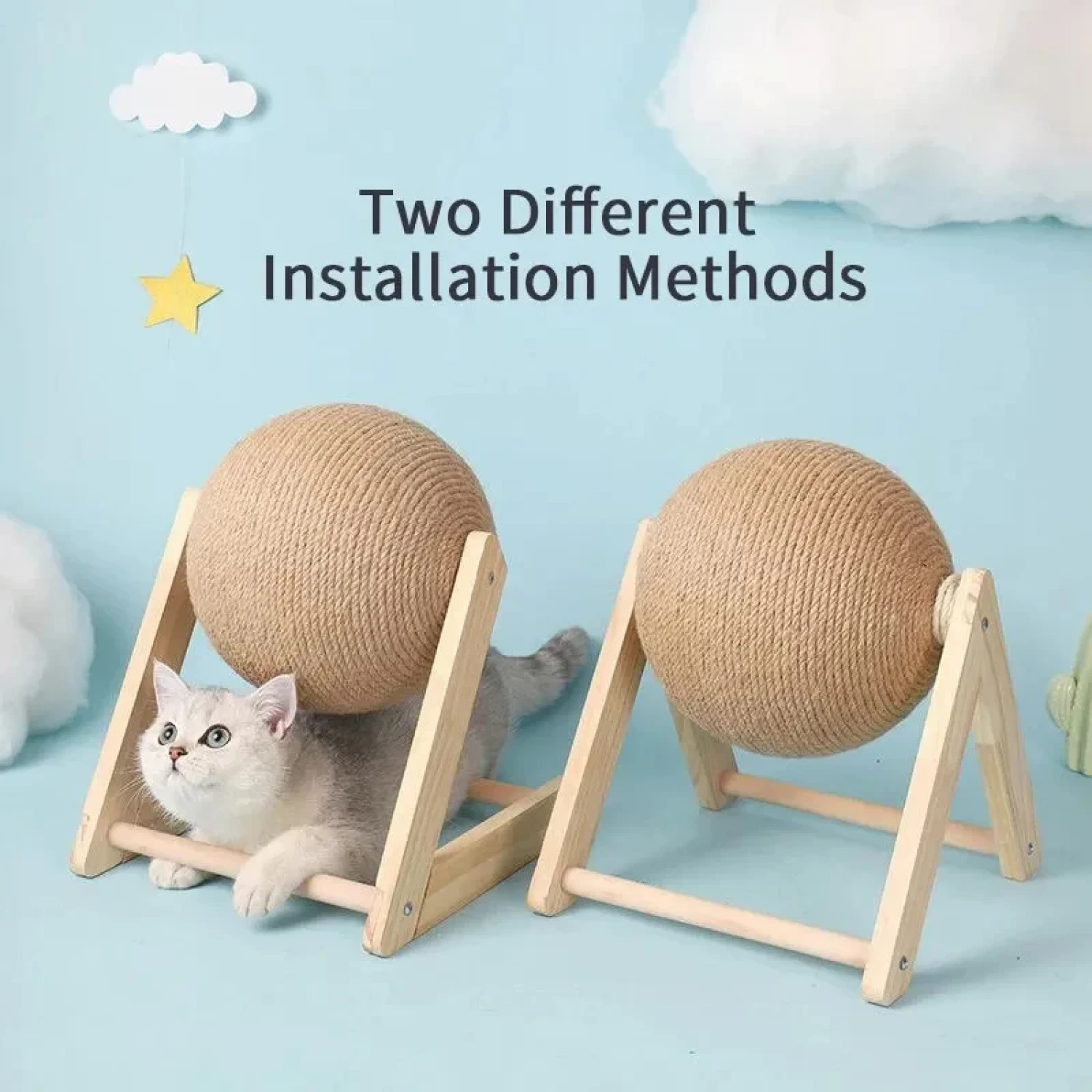 Jucărie Interactivă pentru Pisici - Minge Rotativă cu Sisal și Stativ din Lemn, 12 cm [5]