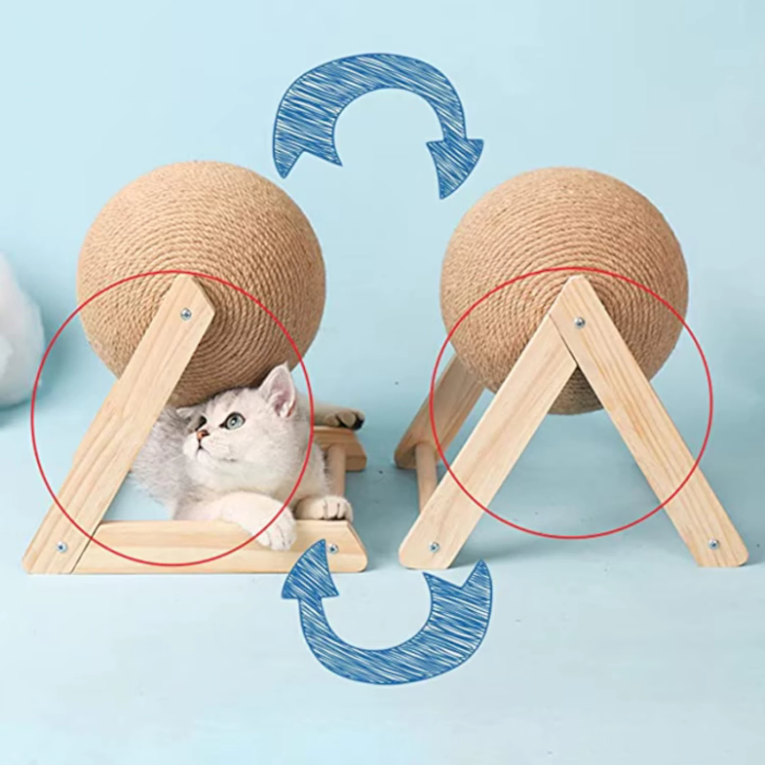 Jucărie Interactivă pentru Pisici - Minge Rotativă cu Sisal și Stativ din Lemn, 12 cm [4]