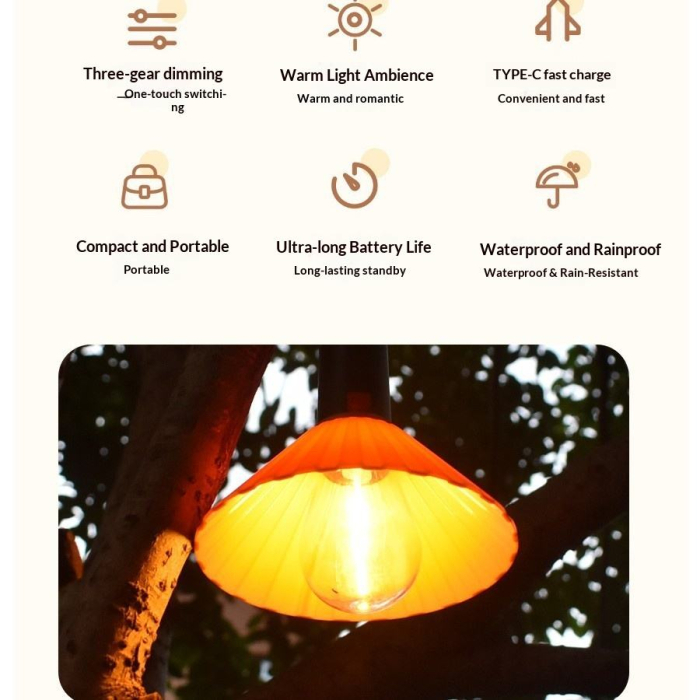 Lampă camping LED portabilă, încărcare USB, iluminare ambientală multifuncțională, control simplu prin buton, design compact și durabil [5]