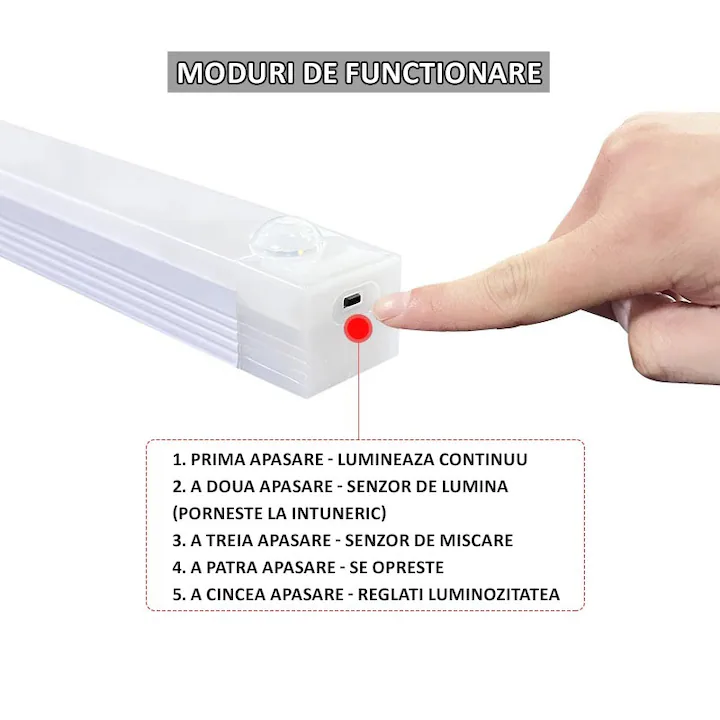 Lampă  cu Senzor de Mișcare și Lumină - 30 cm, 3 Moduri, Luminozitate Reglabilă, USB Reîncărcabilă, Montaj Magnetic, Alb [5]
