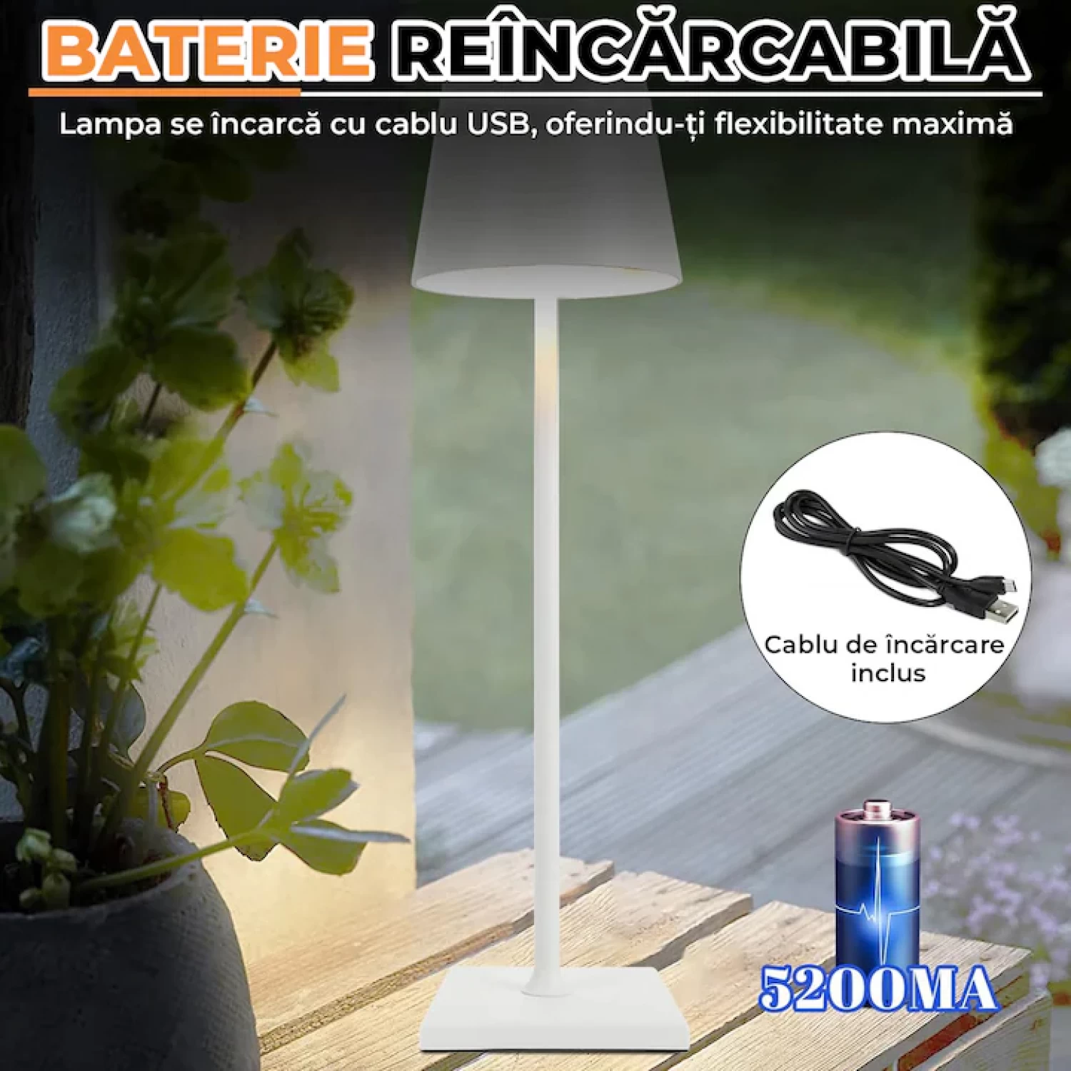 Lampă de Masă LED Reîncărcabilă - 5200mAh, Control Tactil, 3 Temperaturi de Culoare, Design Alb Minimalist - Premium pentru Birou și Dormitor [2]