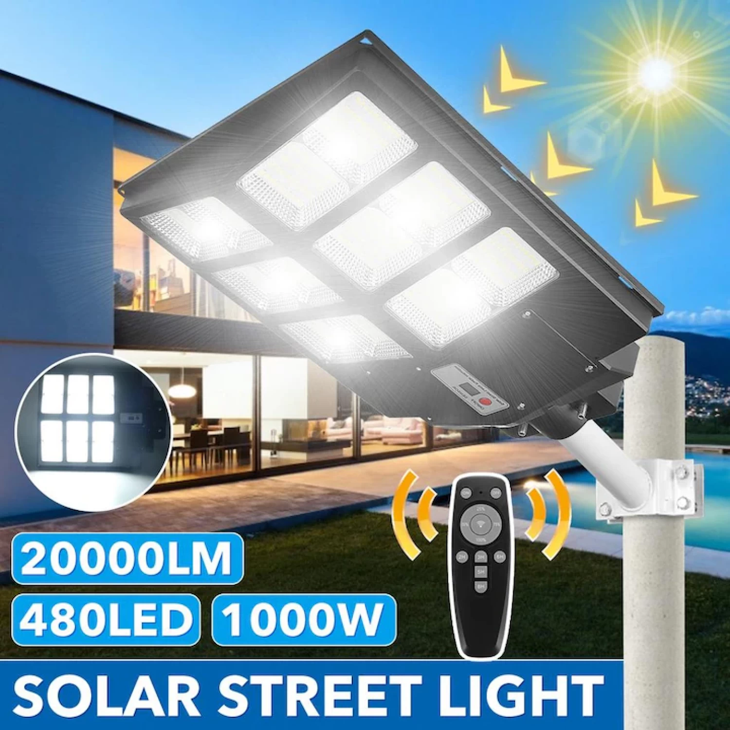 Lampă Solară Stradală LED 600W cu Panou Solar, Senzor de Mișcare, Telecomandă, 1800 lm, Timp de Lucru 12-14h, Control Automat - IP65, Instalare la 2-4 m, Ideală pentru Curți, Aleile și Parcări [3]