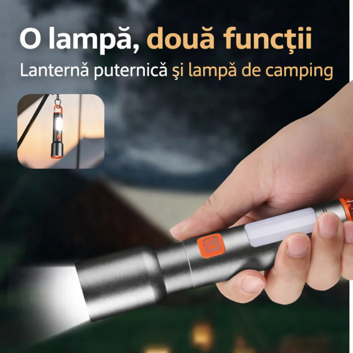 Lanternă LED Reîncărcabilă 2-în-1 cu Cârlig, Lumină Puternică Direcțională sau Ambientală, Încărcare USB, Design Compact și Versatil pentru Drumeții, Cort sau Situații de Urgență [6]