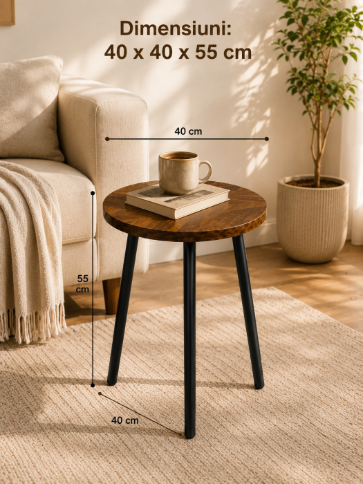 Masă de cafea rotundă, blat din lemn masiv în nuanță maro închis, structură metalică stabilă, ideală pentru living, dormitor și birou, 40 x 40 x 55 cm [2]