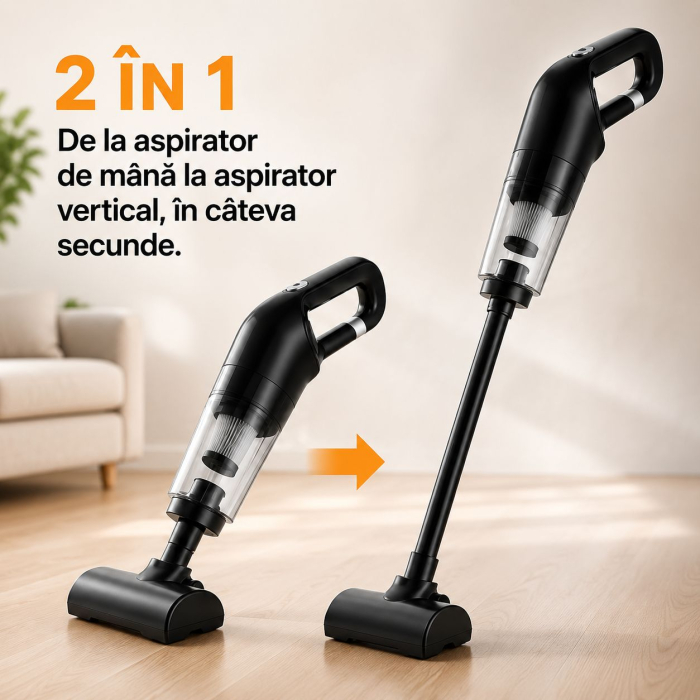 Mini aspirator fără fir 2 în 1, 120 W, capacitate colectare 0.35 L, pentru mașină și locuință, autonomie până la 25 min, încărcare USB, negru [5]