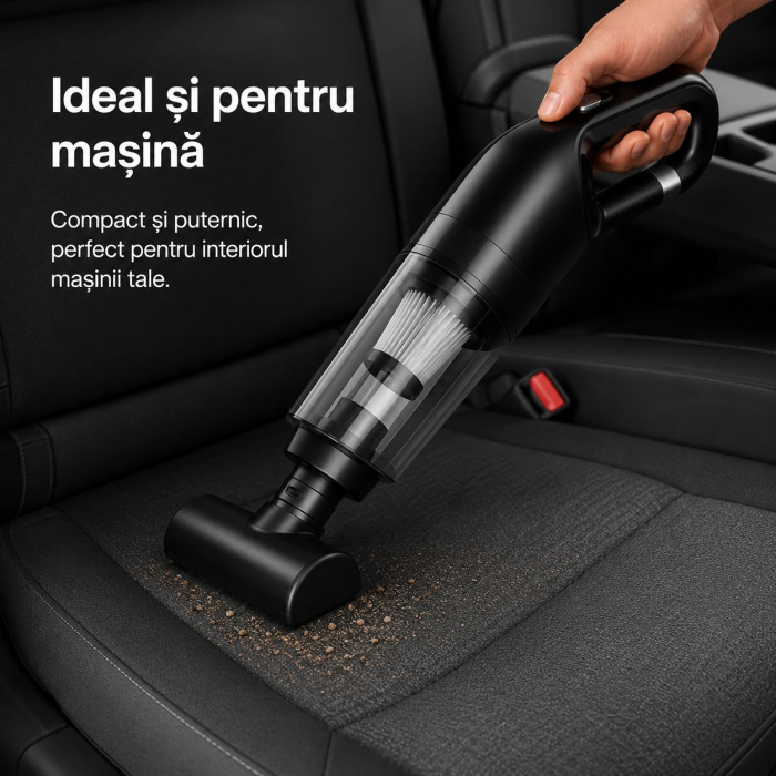 Mini aspirator fără fir 2 în 1, 120 W, capacitate colectare 0.35 L, pentru mașină și locuință, autonomie până la 25 min, încărcare USB, negru [6]