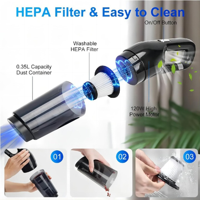 Mini aspirator fără fir 2 în 1, 120 W, capacitate colectare 0.35 L, pentru mașină și locuință, autonomie până la 25 min, încărcare USB, negru [9]