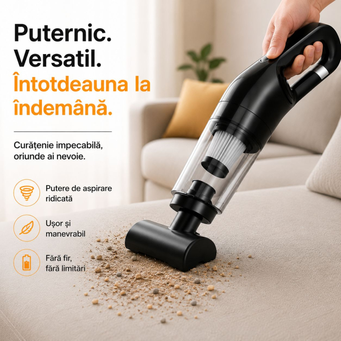 Mini aspirator fără fir 2 în 1, 120 W, capacitate colectare 0.35 L, pentru mașină și locuință, autonomie până la 25 min, încărcare USB, negru [3]