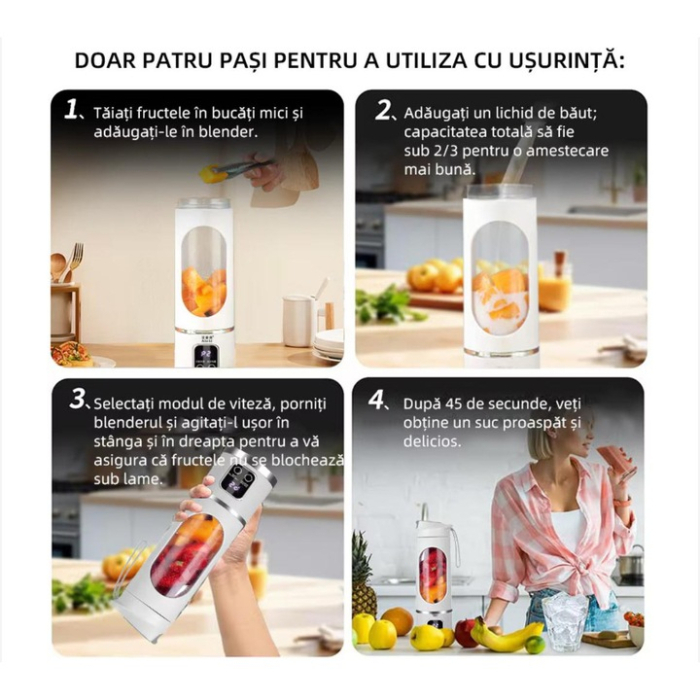 Mini Blender Electric Portabil 450 ml, 12 Lame din Oțel, Viteză 15.000-22.000 rpm, Baterie Reîncărcabilă, Design Multifuncțional pentru Smoothie-uri și Sucuri [14]