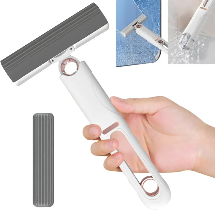Mini mop de mână, portabil, burete PVA absorbant, sistem push-pull de stoarcere, 15.5×29.5 cm, alb [10]