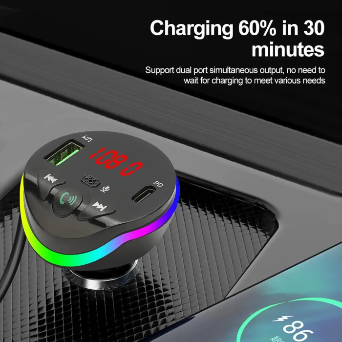 Modulator FM Auto Bluetooth 5.0, Transmițător FM Wireless, Încărcare Rapidă prin USB-C PD și USB 3.1A, Funcție Hands-Free cu Microfon HD, Afișaj LED, Iluminare RGB, Compatibil cu Sisteme 12V-24V [3]