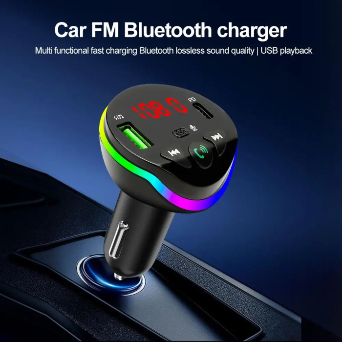 Modulator FM Auto Bluetooth 5.0, Transmițător FM Wireless, Încărcare Rapidă prin USB-C PD și USB 3.1A, Funcție Hands-Free cu Microfon HD, Afișaj LED, Iluminare RGB, Compatibil cu Sisteme 12V-24V [7]