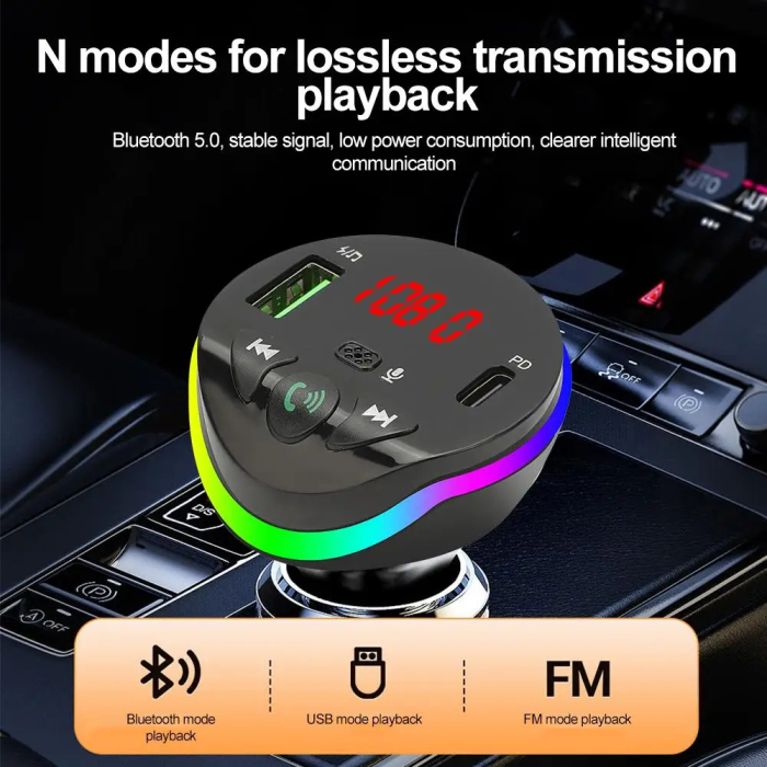 Modulator FM Auto Bluetooth 5.0, Transmițător FM Wireless, Încărcare Rapidă prin USB-C PD și USB 3.1A, Funcție Hands-Free cu Microfon HD, Afișaj LED, Iluminare RGB, Compatibil cu Sisteme 12V-24V [8]