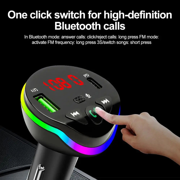 Modulator FM Auto Bluetooth 5.0, Transmițător FM Wireless, Încărcare Rapidă prin USB-C PD și USB 3.1A, Funcție Hands-Free cu Microfon HD, Afișaj LED, Iluminare RGB, Compatibil cu Sisteme 12V-24V [4]