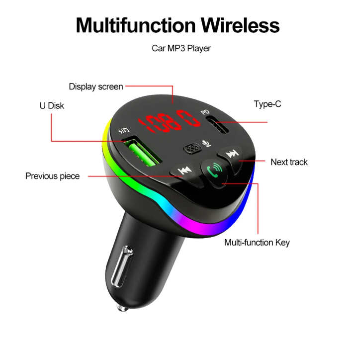 Modulator FM Auto Bluetooth 5.0, Transmițător FM Wireless, Încărcare Rapidă prin USB-C PD și USB 3.1A, Funcție Hands-Free cu Microfon HD, Afișaj LED, Iluminare RGB, Compatibil cu Sisteme 12V-24V [6]