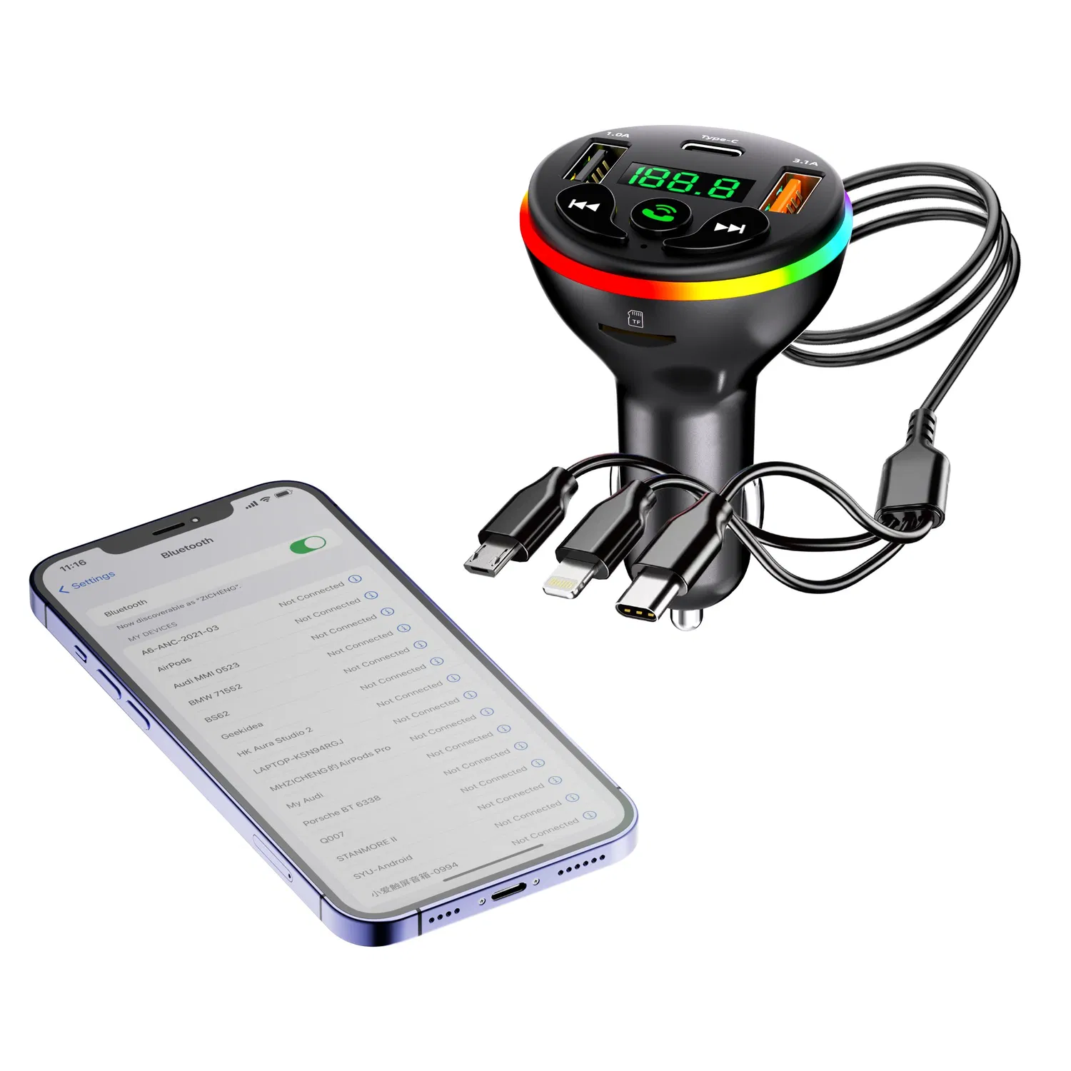 Modulator FM Auto Bluetooth cu Player MP3 Digital, Afișaj LED, Încărcare Rapidă QC 3.0, 2 Porturi USB 5V/3.1A, Compatibil cu Sisteme 12V-24V [3]