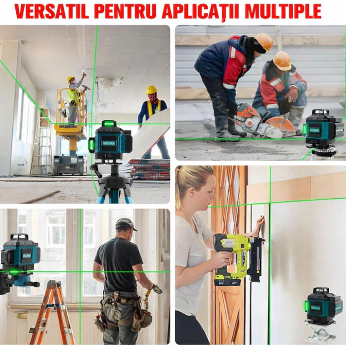 Nivelă Laser 4D Profesională, 16 Linii Verzi 360°, Autonivelare Automată, Trepied Reglabil și Bază Rotativă 360°, Telecomandă, 2 Baterii Incluse, Suport Magnetic, Ochelari și Valiză [12]
