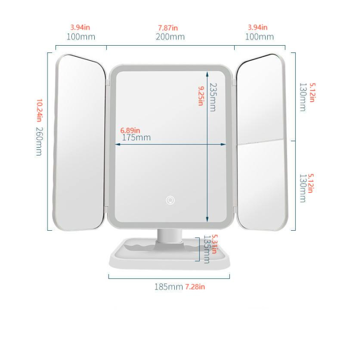 Oglindă Cosmetică LED pentru Machiaj - Zoom 2X/3X, Iluminare Reglabilă, Touch, Rotire 360°, Alimentare USB, 3 Oglinzi Laterale, Alb [6]