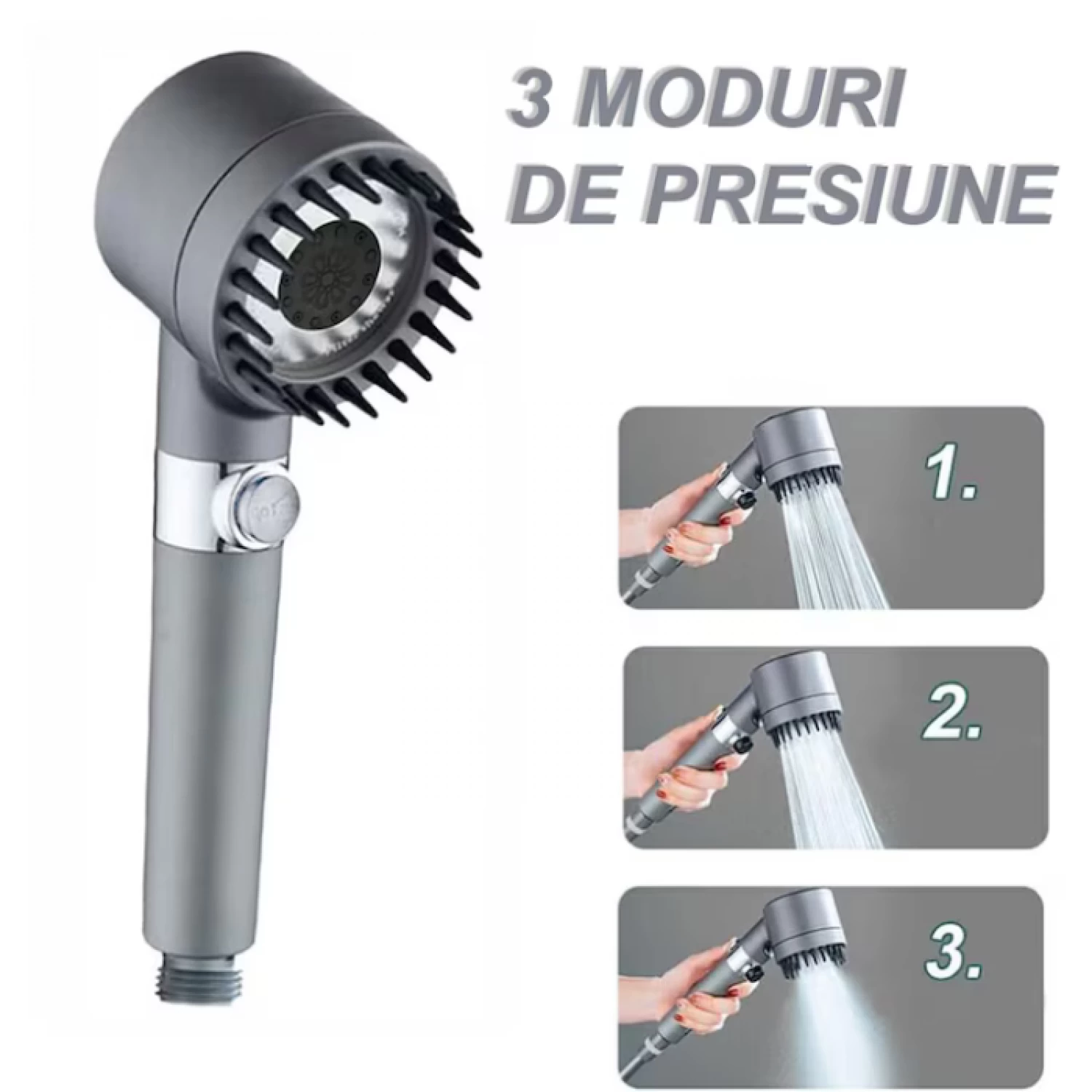 Pară Duș 4 în 1 cu Perie Masaj și Filtru Purificare - 3 Moduri de Presiune + Turbo Boost, Buton STOP, ABS + Silicon, Economizor Apă, Gri [2]
