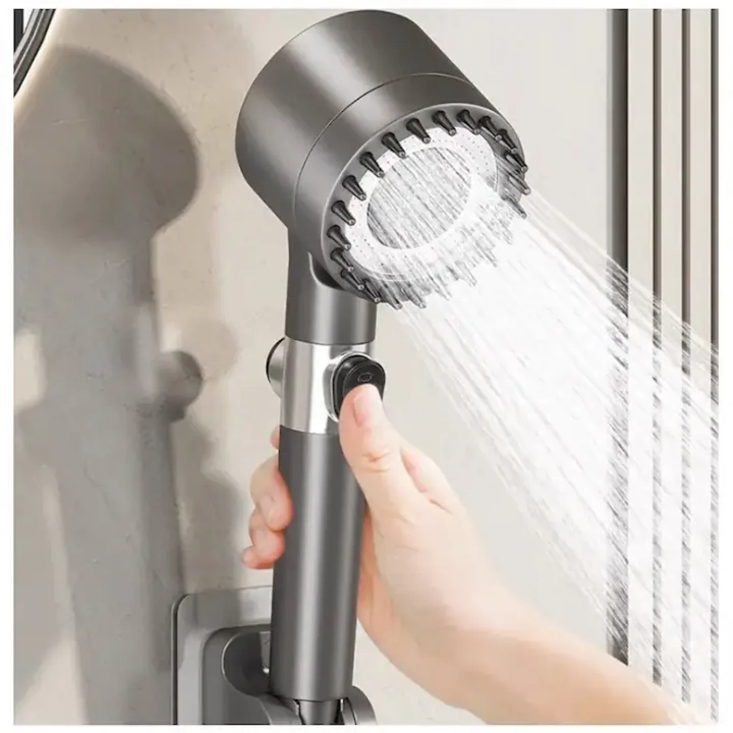 Pară Duș 4 în 1 cu Perie Masaj și Filtru Purificare - 3 Moduri de Presiune + Turbo Boost, Buton STOP, ABS + Silicon, Economizor Apă, Gri [6]