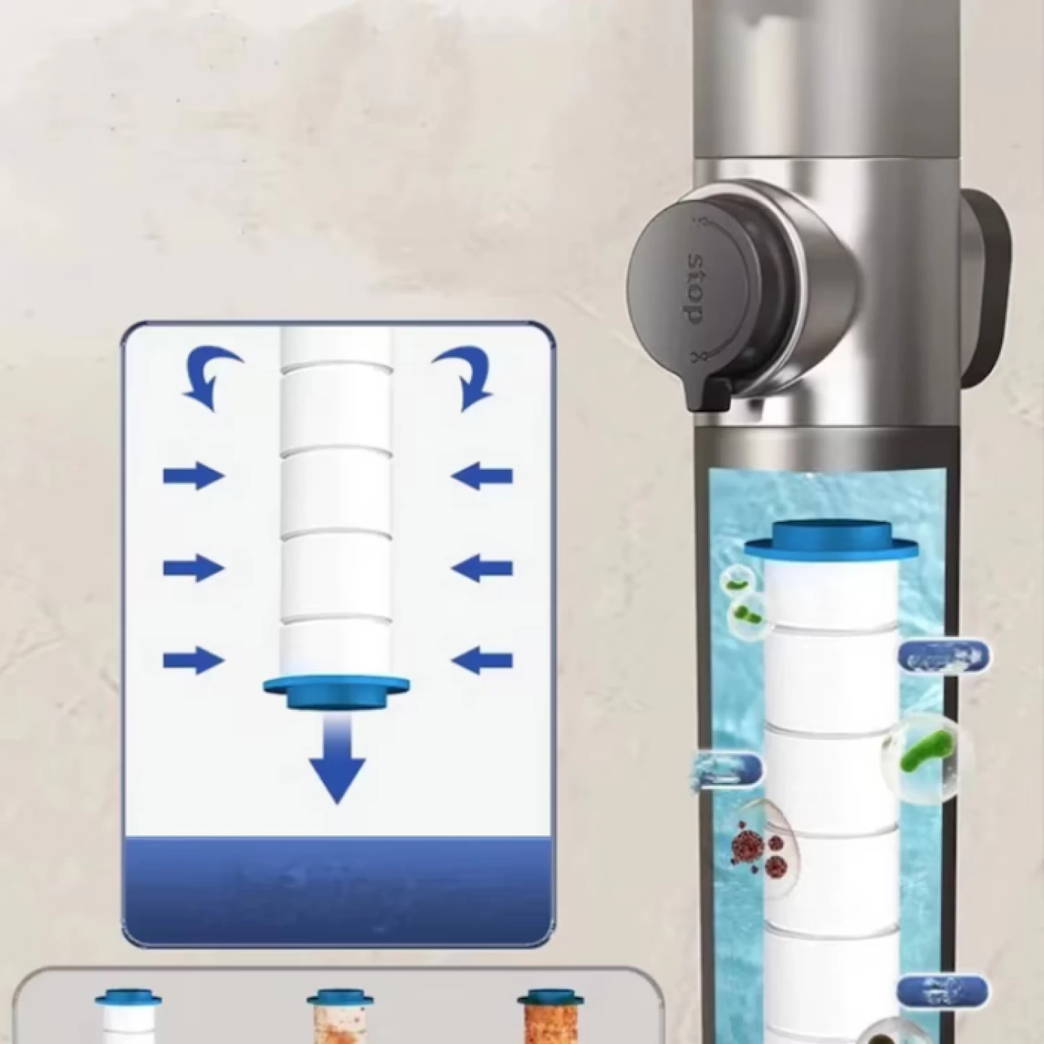 Pară Duș 4 în 1 cu Perie Masaj și Filtru Purificare - 3 Moduri de Presiune + Turbo Boost, Buton STOP, ABS + Silicon, Economizor Apă, Gri [4]